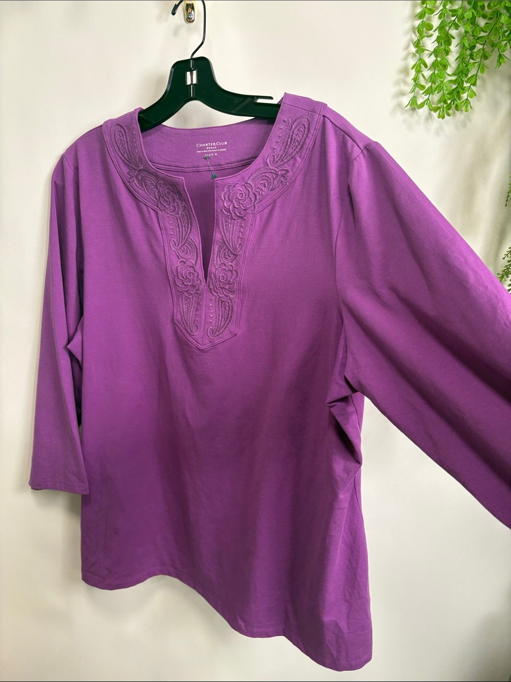 Charter Club Violet Embroidered Split-Neck Tunic Top